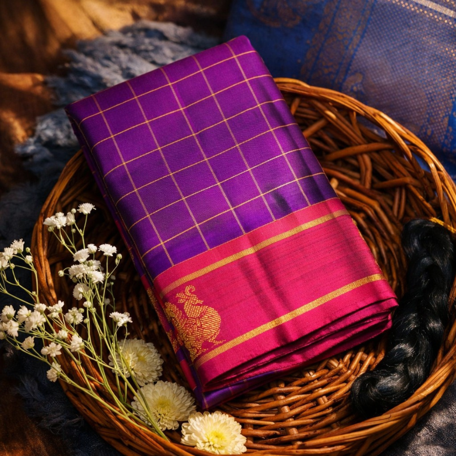 Royal Purple Kanchipuram Silk Saree – Pattu Kattam with Zari Butta & Rose Pink Border