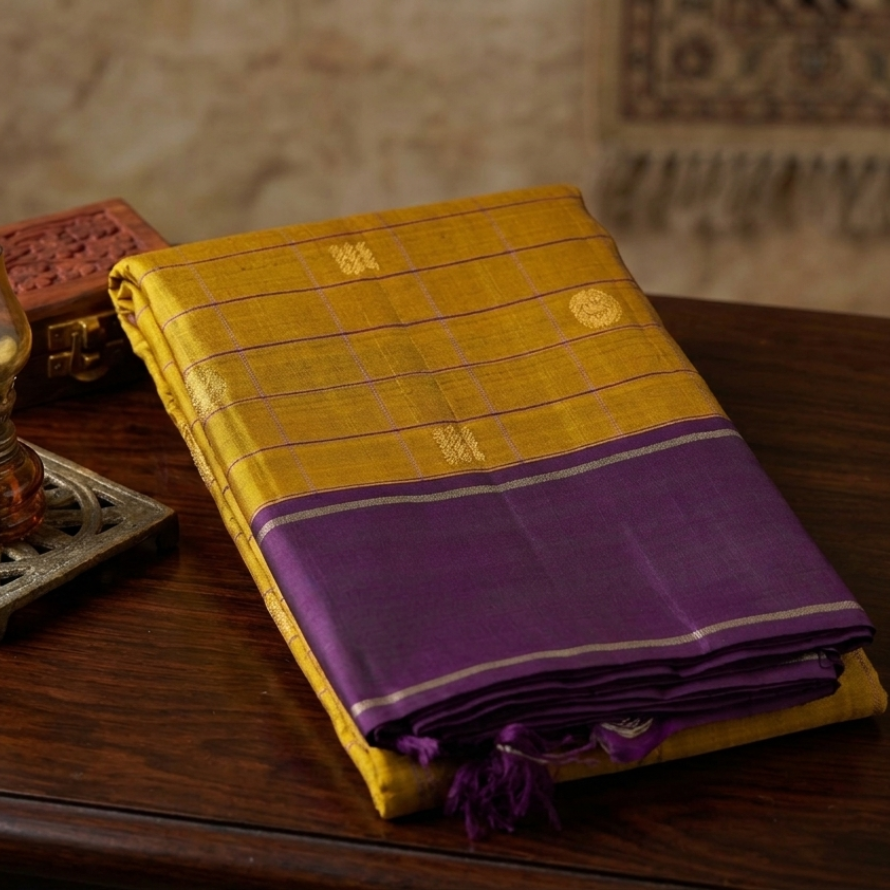 Mustard Kanchipuram Silk Saree – Chakra Butta with Semi-Contrast Majantha Border