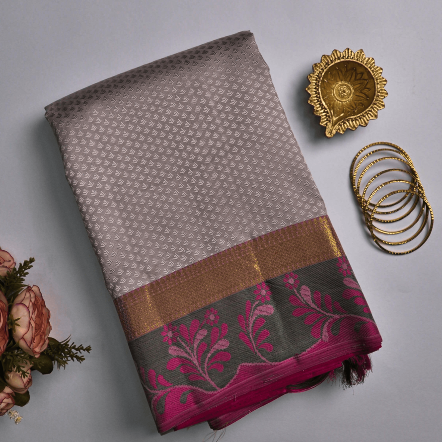 Grey & Half-White Kanchipuram Silk Saree – Silk Thread Work with Pink Blouse