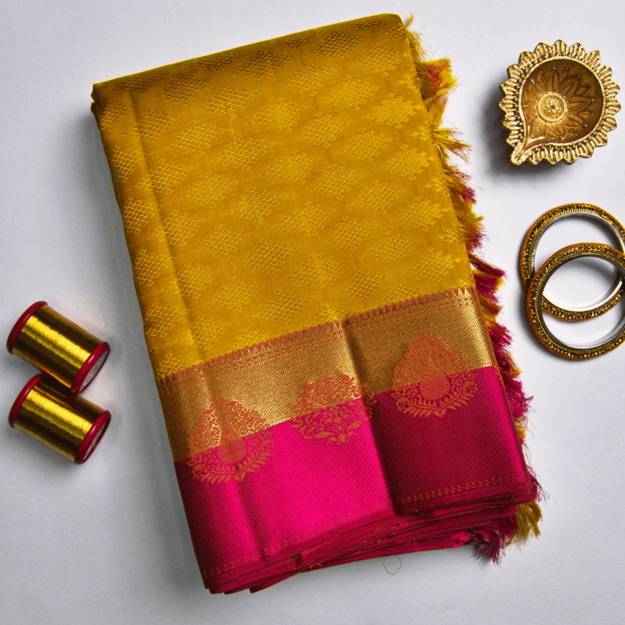 Mustard Kanchipuram Silk Saree – Silk Thread Work with Pink Blouse
