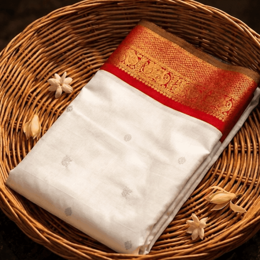 Off-White Kanchipuram Silk Saree – Ganga Jamuna Border with Zari Butta