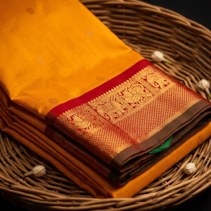 Mango Colour Kanchipuram Silk Saree – Ganga Jamuna Border with Zari Butta