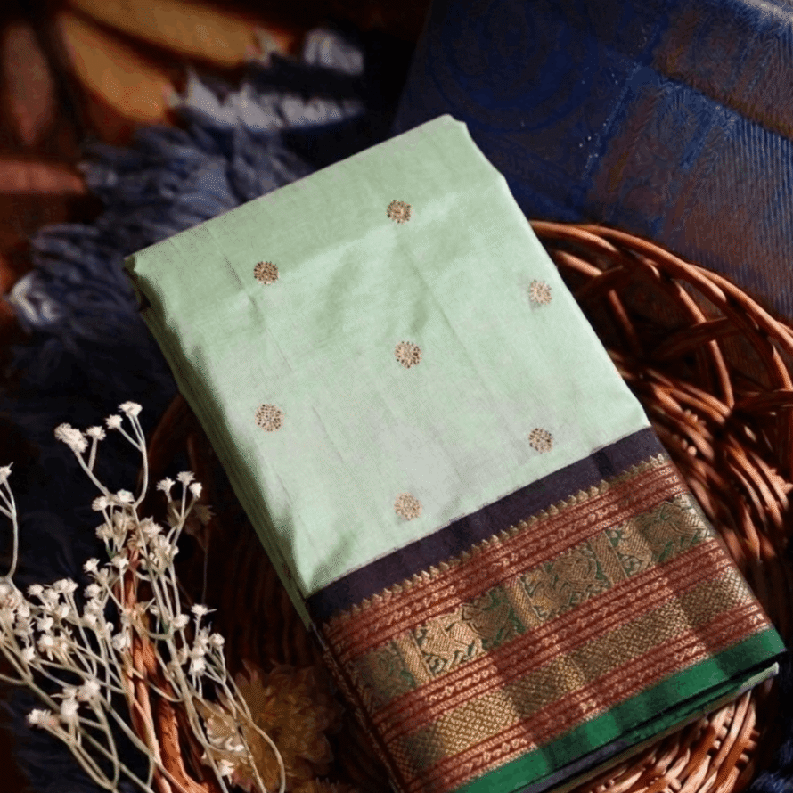 Pastel Green Kanchipuram Silk Saree – Kanchana Border with Korvai Butta Weave