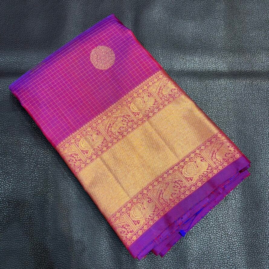 Magenta Violet Kanchipuram Pure Silk Saree with – Gold Zari Checks & Peacock Border