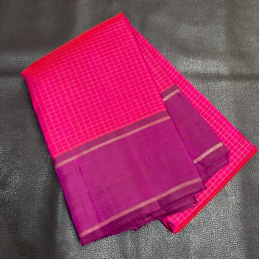 Rani Pink & Violet Kanchipuram Pure Silk Saree with Gold Zari Checks and Contrast Border