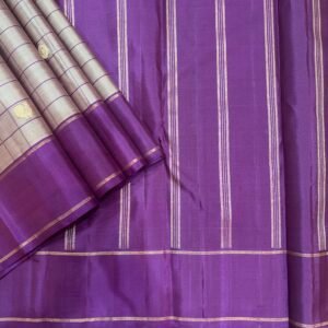 Silver Grey & Royal Violet Kanchipuram Pure Silk Saree with Zari Checks and Traditional Buttas