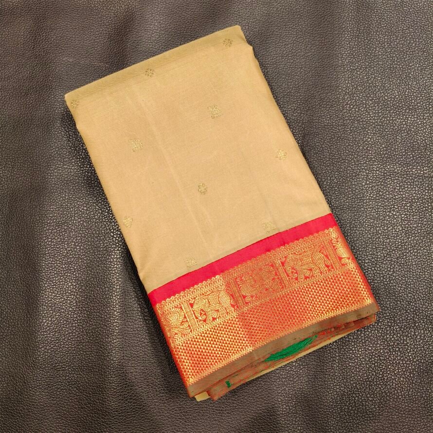 Tussar Gold & Pink Kanchipuram Pure Silk Saree with Zari Motifs and Ganga Jamuna Getti Elephant Border
