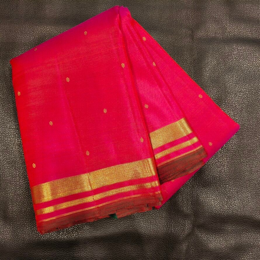 Dual Tone Deep Pink Kanchipuram Pure Silk Saree with Gold Zari Buttas & Traditional Border