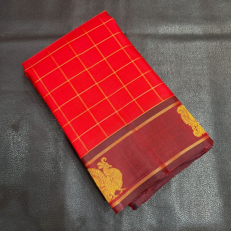 Rani Pink & Wine Purple Kanchipuram Pure Silk Saree with Gold Zari Checks and Peacock Border