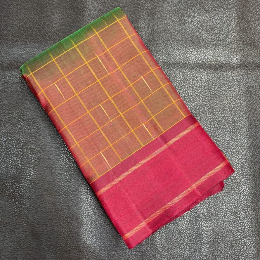 Orchid Pink & Plum Purple Kanchipuram Pure Silk Saree with Gold Zari Checks and Contrast Border