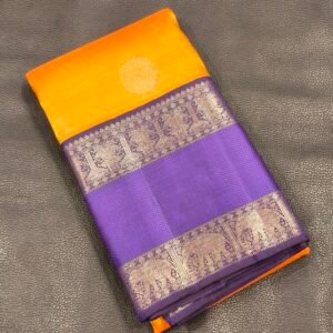 Bright Mango Kanchipuram Pure Silk Saree with Peacock Motifs and Navy Blue Elephant Border