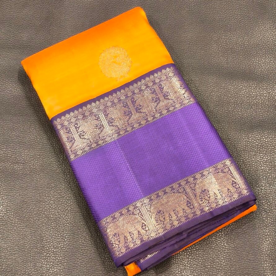 Bright Mango Kanchipuram Pure Silk Saree with Peacock Motifs and Navy Blue Elephant Border
