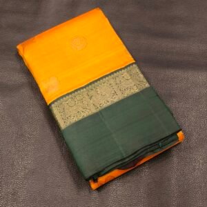 Mango Orange Kanchipuram Pure Silk Saree with Bottle Green Annam & Horse Motif Border