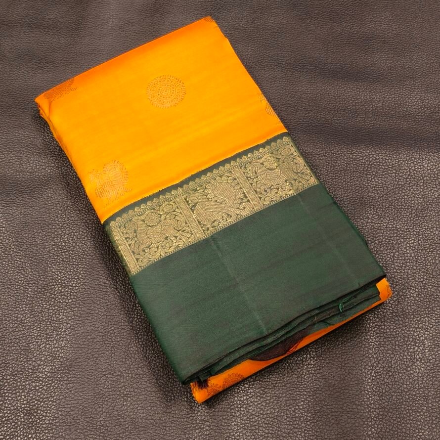 Mango Orange Kanchipuram Pure Silk Saree with Bottle Green Annam & Horse Motif Border