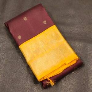 Coffee Brown Kanchipuram Pure Silk Saree with Peacock Motifs and Mustard Yellow Korvai Border
