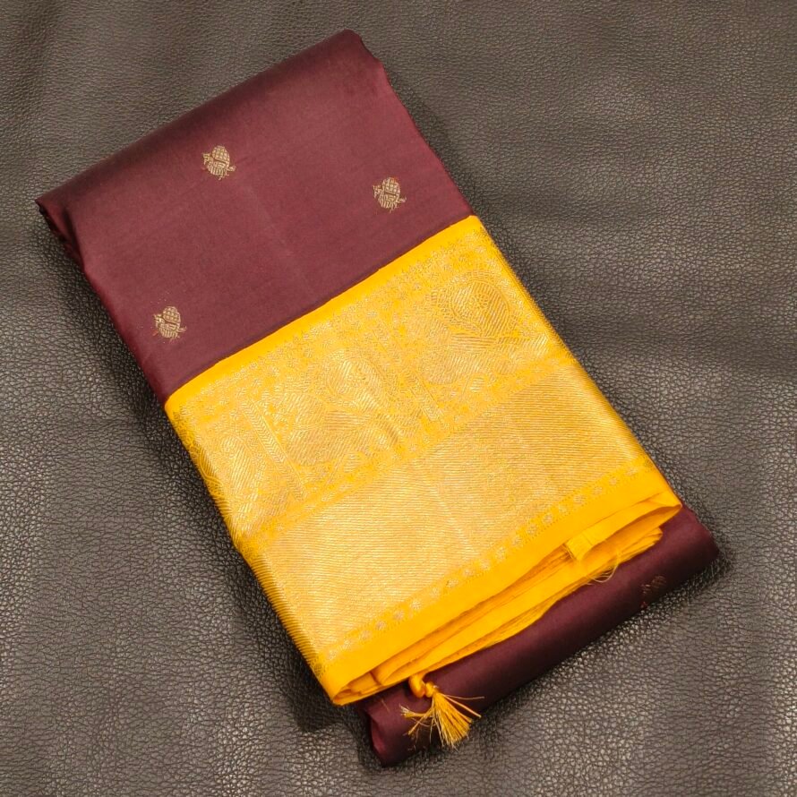 Coffee Brown Kanchipuram Pure Silk Saree with Peacock Motifs and Mustard Yellow Korvai Border