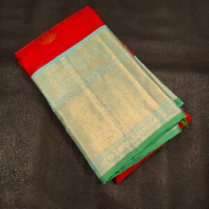 Kumkum Red Kanchipuram Pure Silk Saree with Aqua Blue Getti Border, Mango & Thilagam Motifs