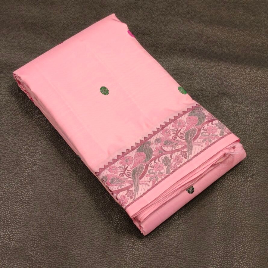 Baby Pink Pattu Pettu Silk Saree with Chakra Thread Motifs, Parrot & Floral Border
