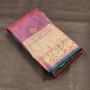 Magenta Pink Kanchipuram Pure Silk Saree with Blue Threadwork, Floral Zari Work & Gold Zari Border
