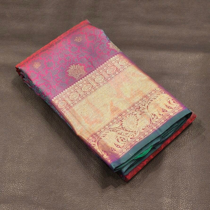 Magenta Pink Kanchipuram Pure Silk Saree with Blue Threadwork, Floral Zari Work & Gold Zari Border
