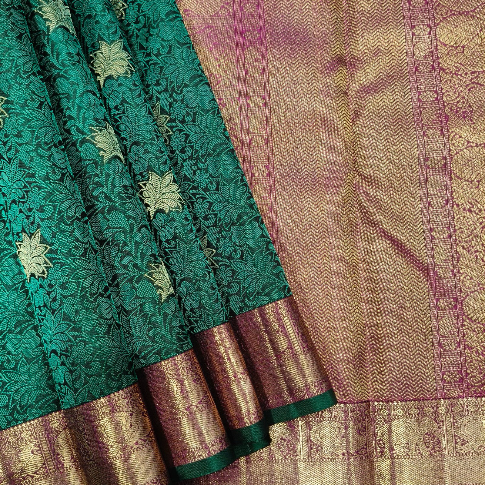 Rich Bottle Green Kanchipuram Pure Silk Saree with Thread & Floral Zari Buttas and Pinkish Gold Zari Border - Image 2