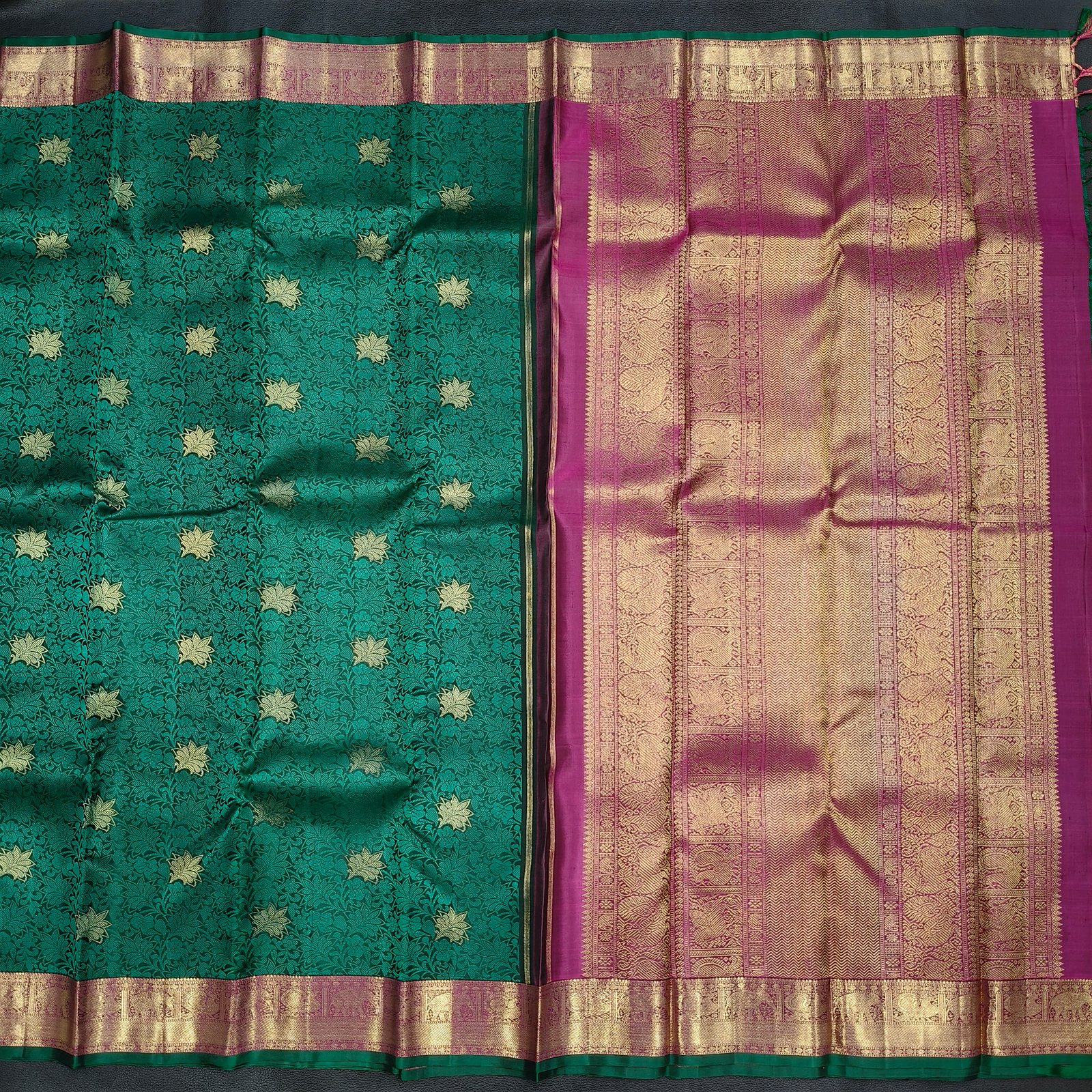Rich Bottle Green Kanchipuram Pure Silk Saree with Thread & Floral Zari Buttas and Pinkish Gold Zari Border - Image 3