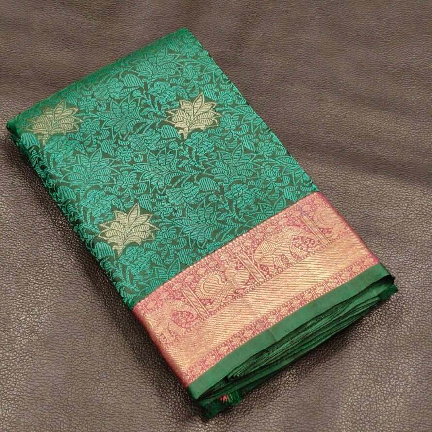 Rich Bottle Green Kanchipuram Pure Silk Saree with Thread & Floral Zari Buttas and Pinkish Gold Zari Border