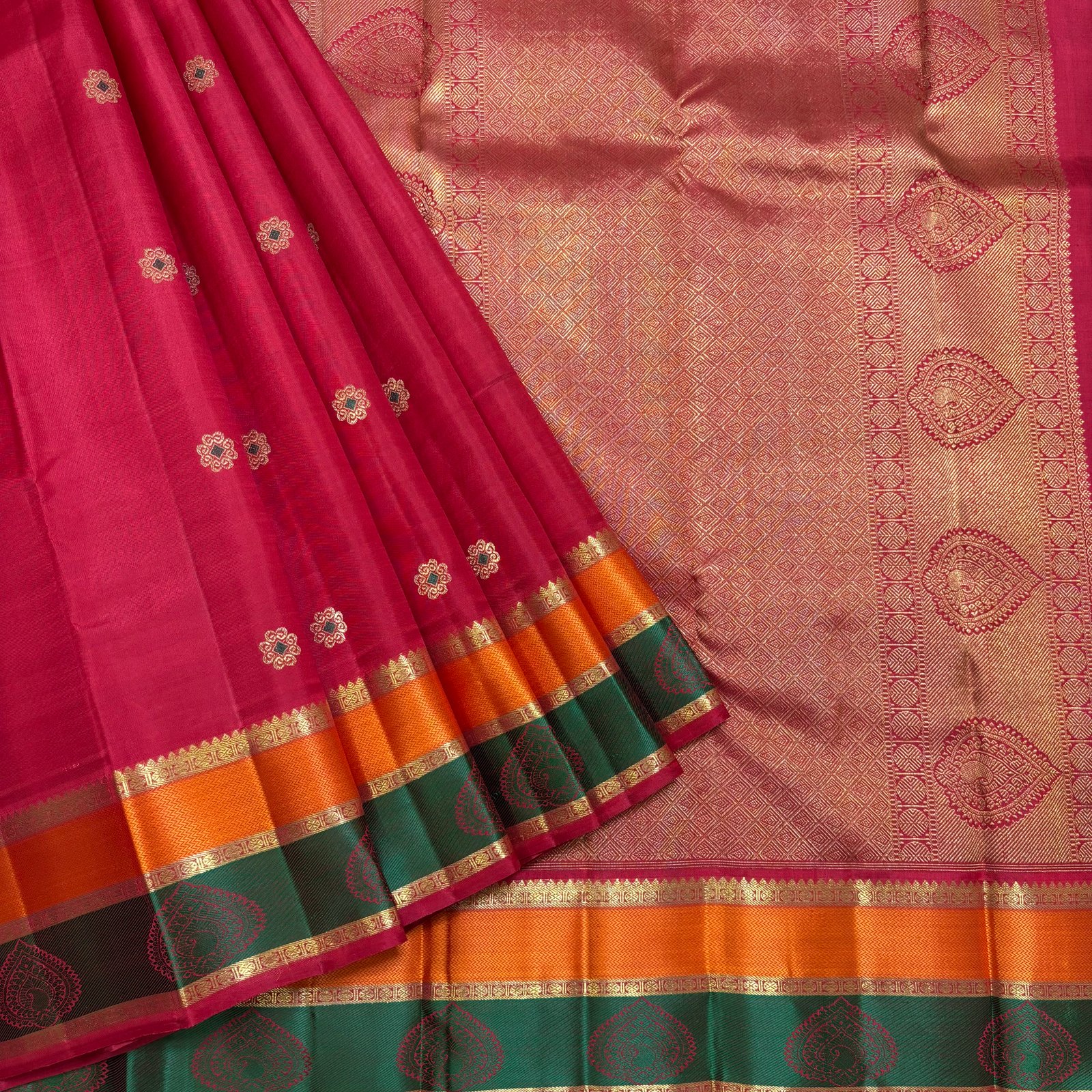 Cherry Red Kanchipuram Pure Silk Saree with Zari Buttas and Wide Multicolour Korvai Border - Image 2