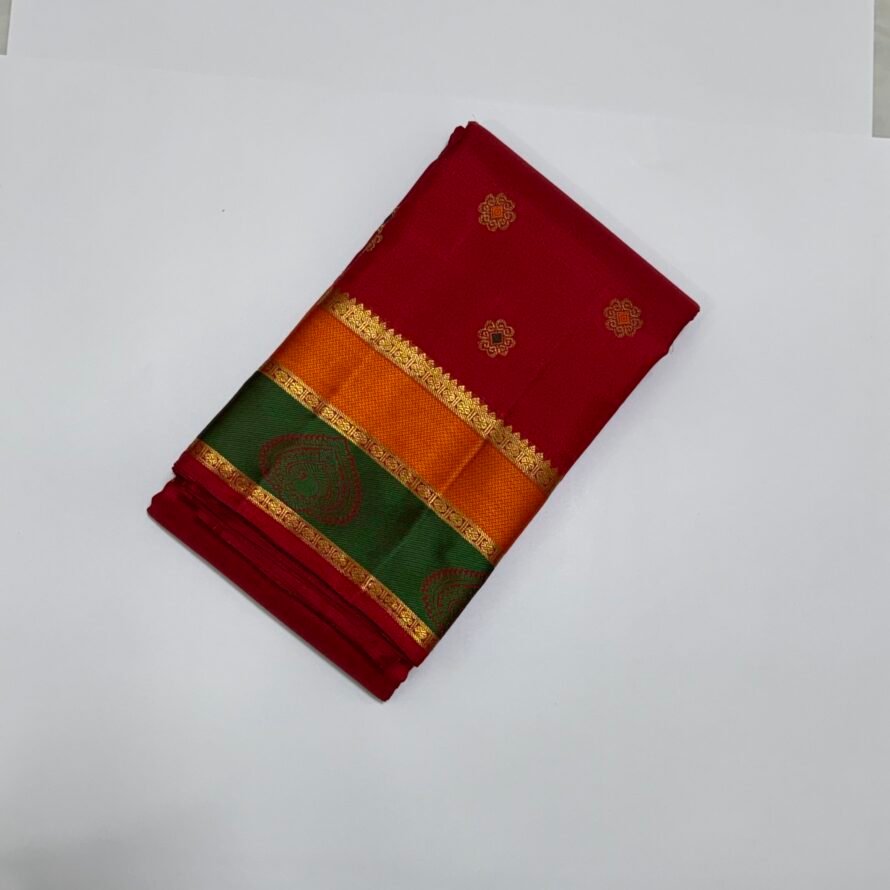 Cherry Red Kanchipuram Pure Silk Saree with Zari Buttas and Wide Multicolour Korvai Border