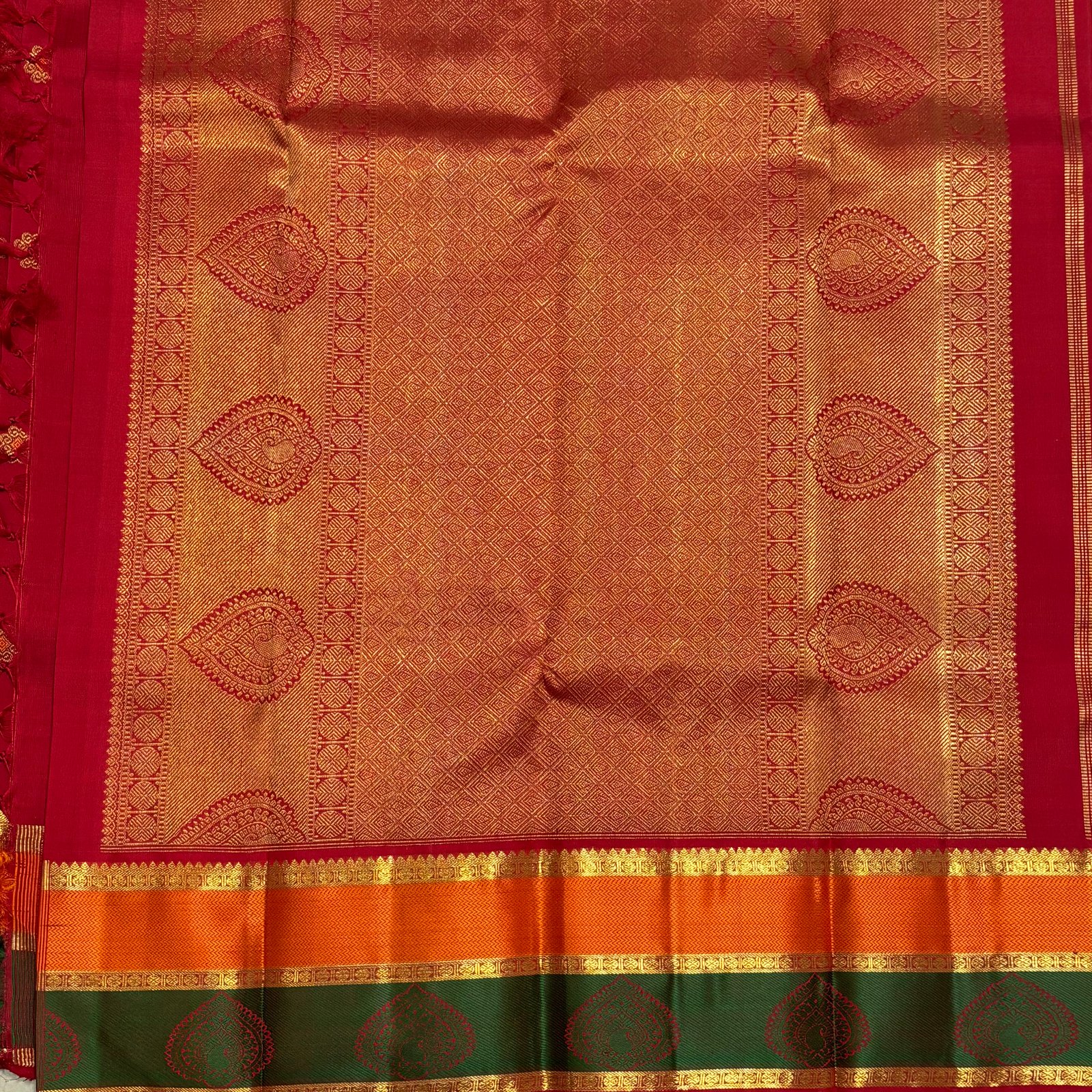 Cherry Red Kanchipuram Pure Silk Saree with Zari Buttas and Wide Multicolour Korvai Border - Image 4