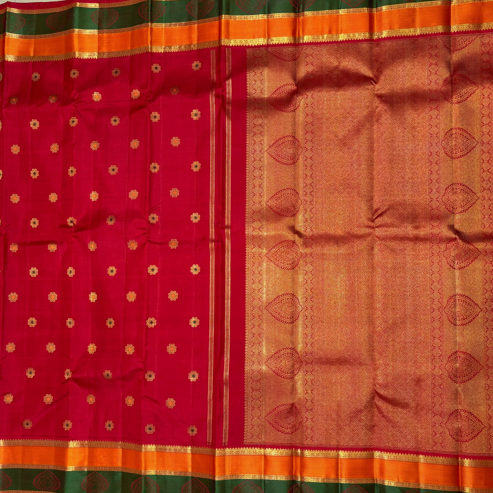 Cherry Red Kanchipuram Pure Silk Saree with Zari Buttas and Wide Multicolour Korvai Border - Image 3
