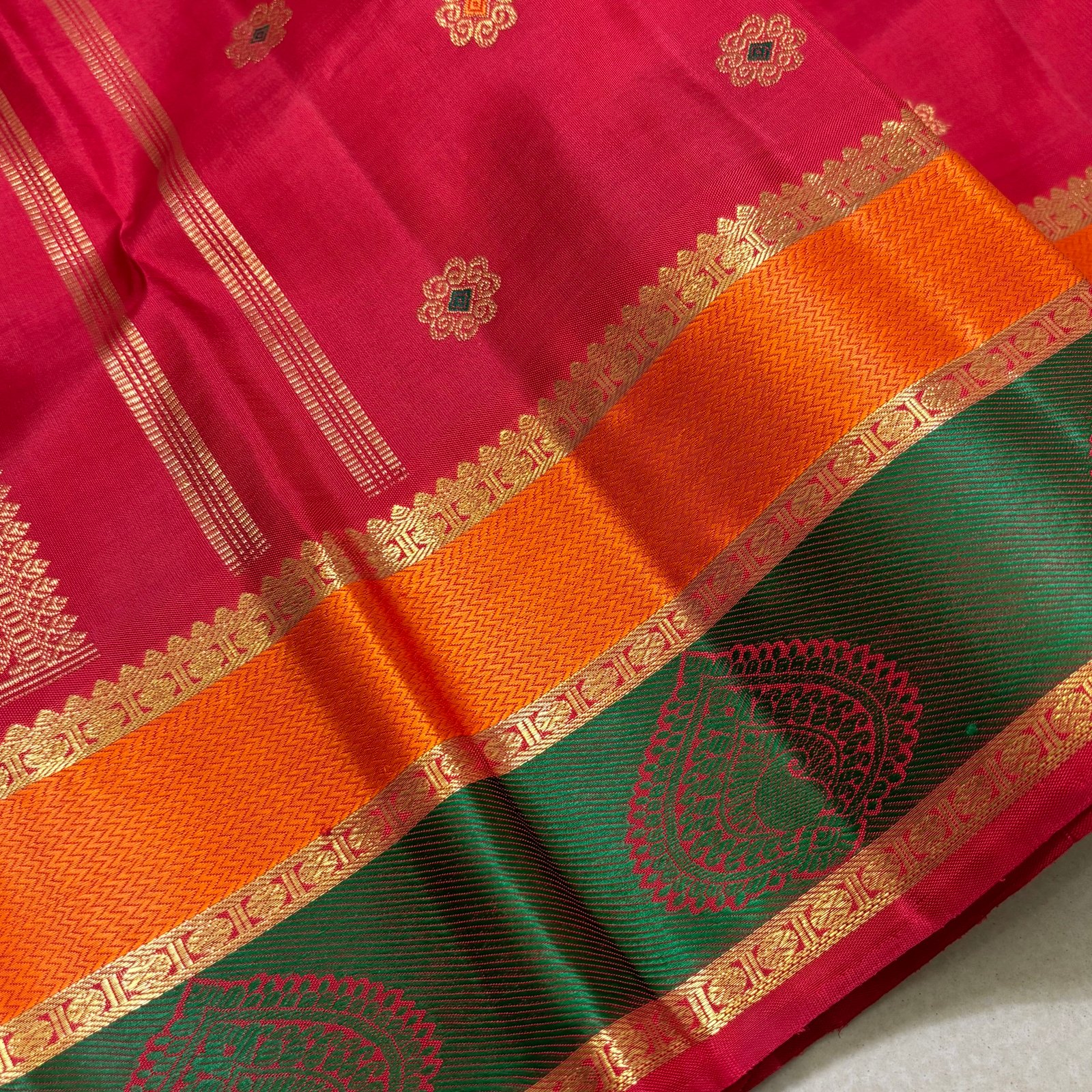 Cherry Red Kanchipuram Pure Silk Saree with Zari Buttas and Wide Multicolour Korvai Border - Image 6