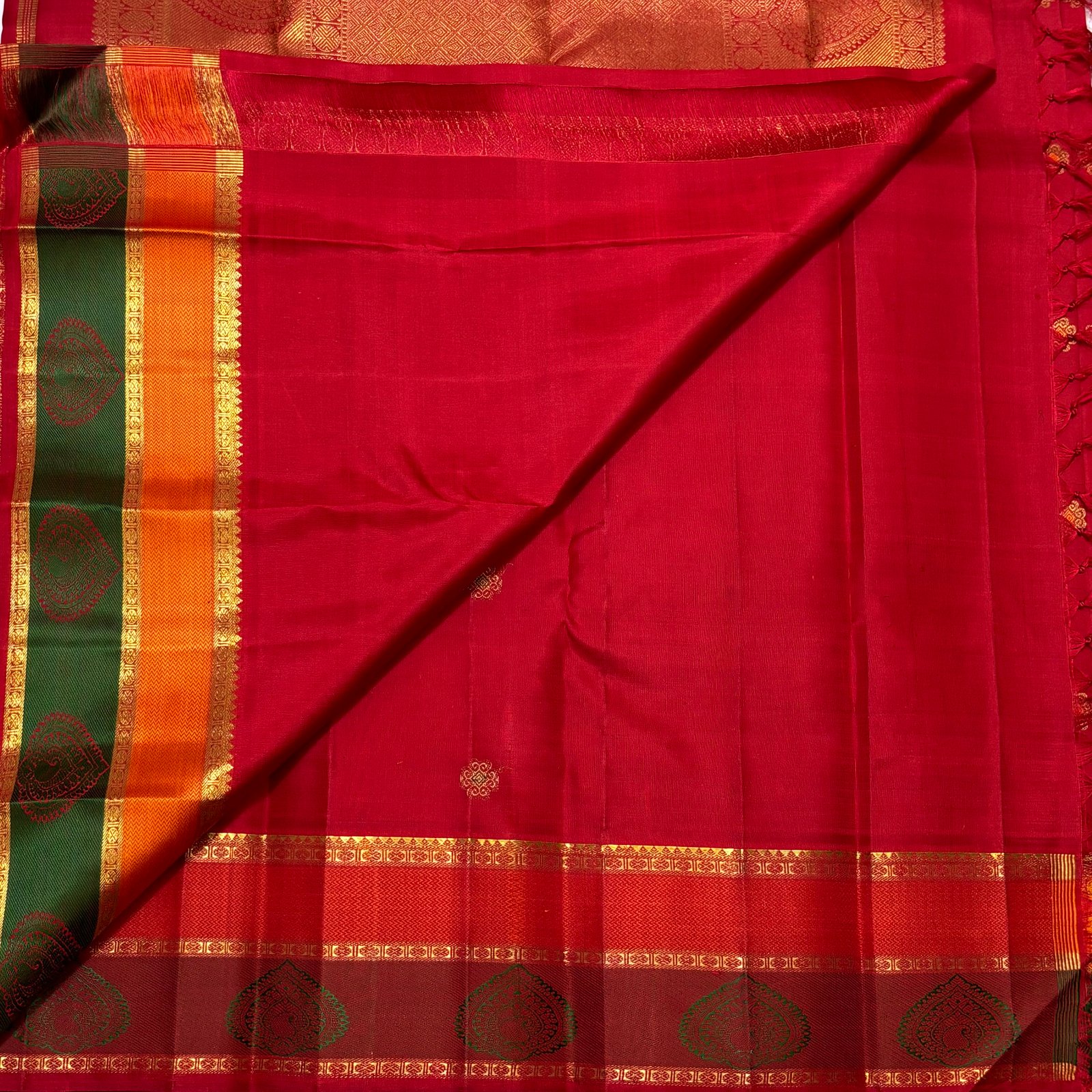 Cherry Red Kanchipuram Pure Silk Saree with Zari Buttas and Wide Multicolour Korvai Border - Image 5