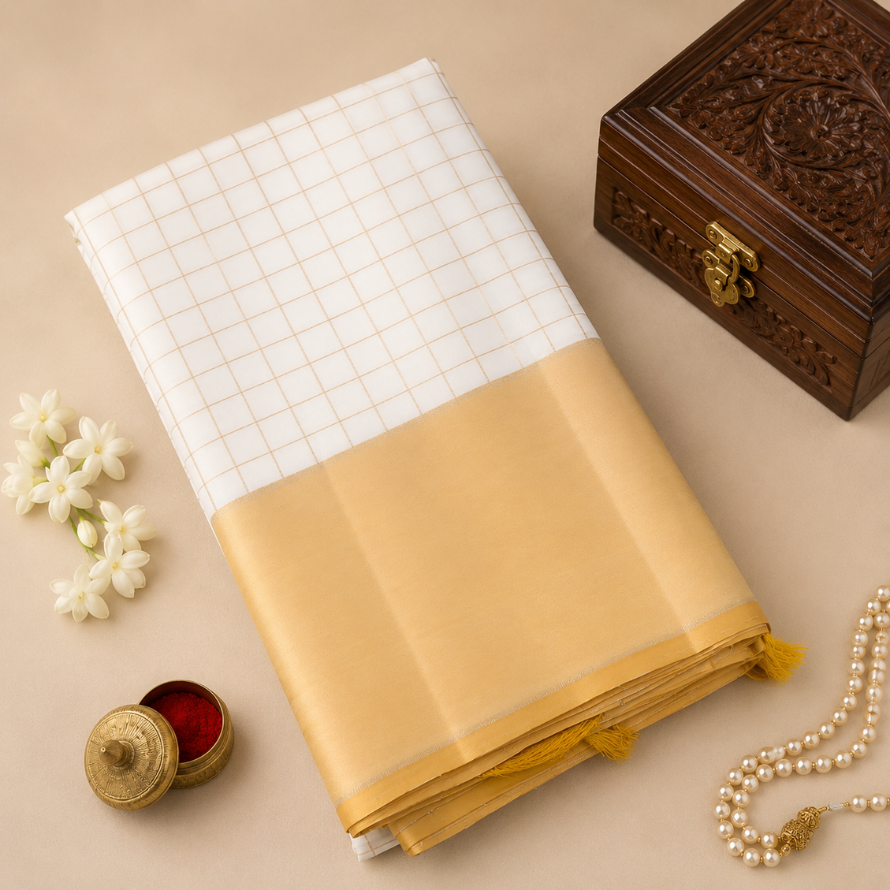 Half White Silk Saree with Silk Thread Muthukattam & Mustard Border