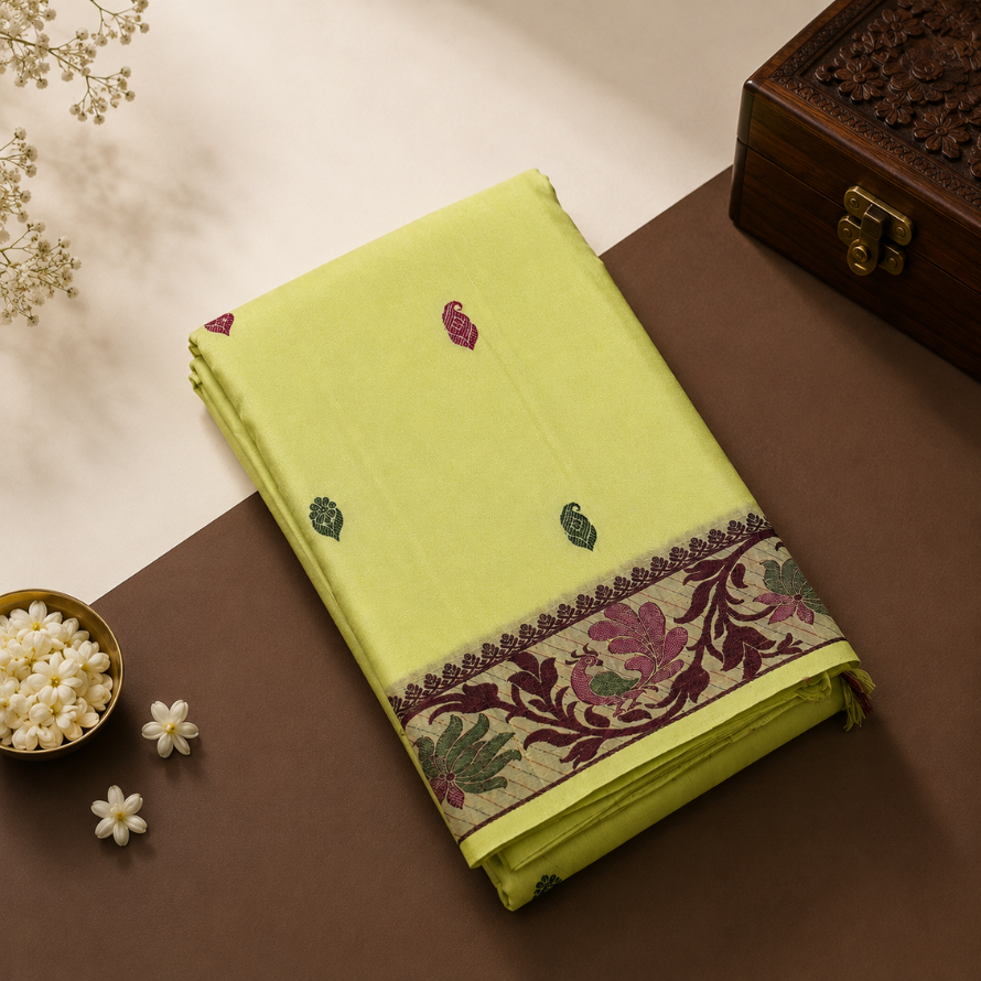 Lime Green Pattu Pettu Silk Saree with Silk Thread Motifs & Floral Peacock Border