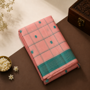 Peach Pattu Pettu Silk Saree with Teal Checks, Buttahs & Getti Border