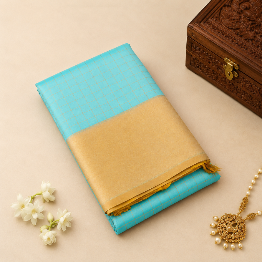 Sky Blue Silk Saree with Silk Thread Muthukattam & Mustard Border