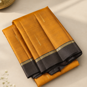 Mustard Ananya Pattu Silk Saree with Zari Malli Mogu Buttahs & Coffee Brown Border