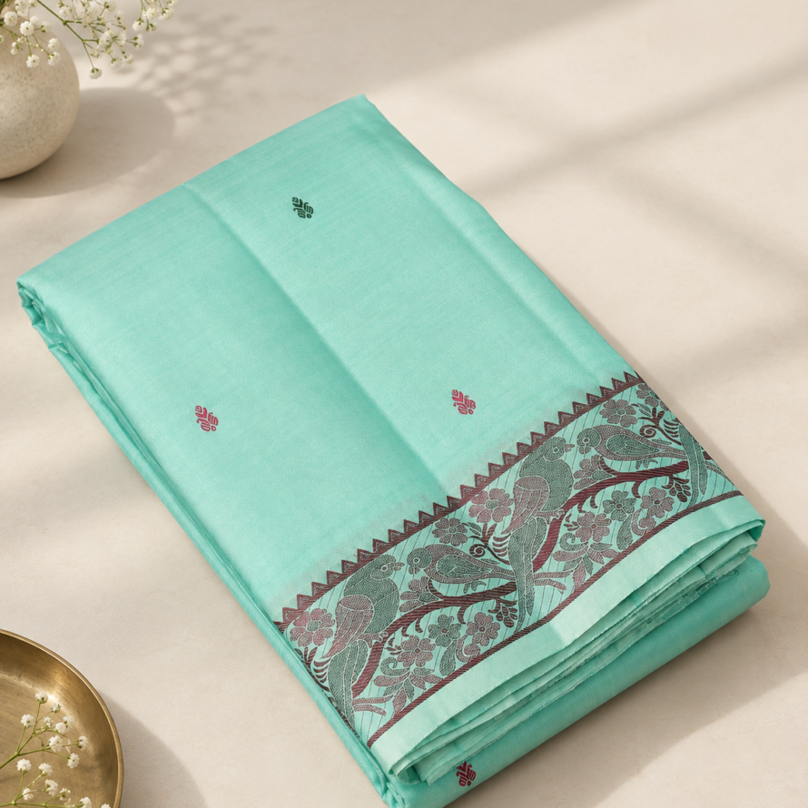 Rexona Green Pattu Pettu Silk Saree with Floral & Parrot Thread Border