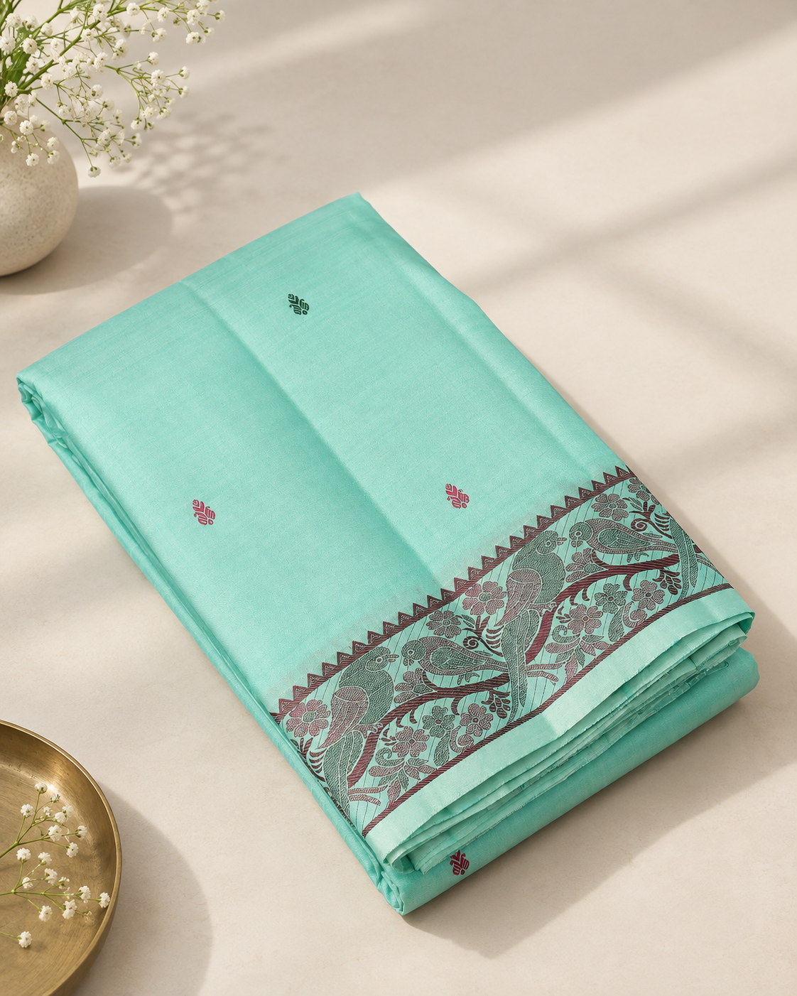 Rexona Green Pattu Pettu Silk Saree with Floral & Parrot Thread Border