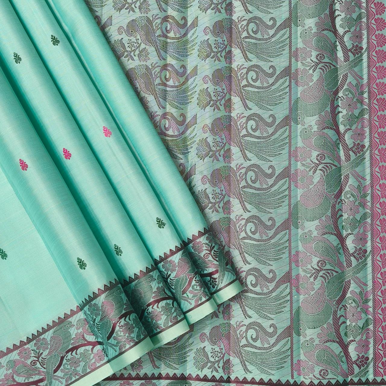 Rexona Green Pattu Pettu Silk Saree with Floral & Parrot Thread Border - Image 2