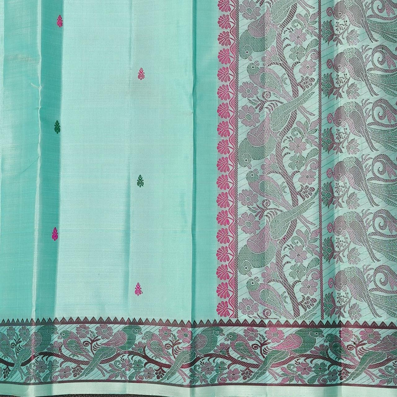 Rexona Green Pattu Pettu Silk Saree with Floral & Parrot Thread Border - Image 3