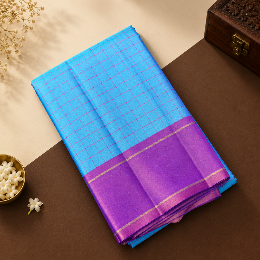 Blue Ananya Silk Saree with Pinkish Purple Thread Checks & Violet Purple Zari Border