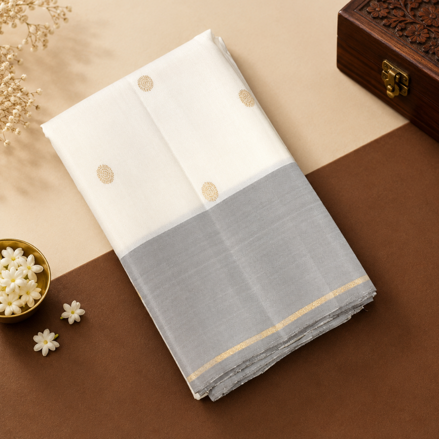 Pure White Ananya Silk Saree with Zari Buttas & Contrast Grey Border