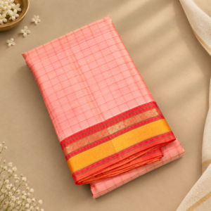 Pinkish Orange Ananya Silk Saree with Thread Checks