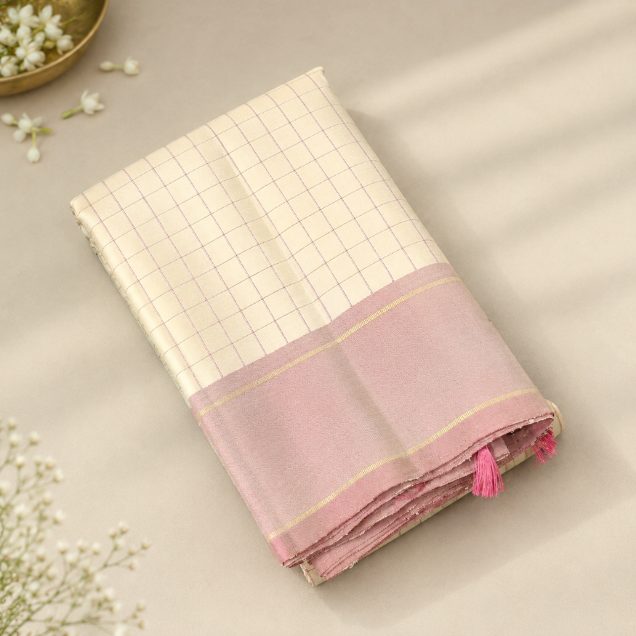 Cream Kanchipuram Pure Silk Saree with Light Brown Thread Checks & Zari Border
