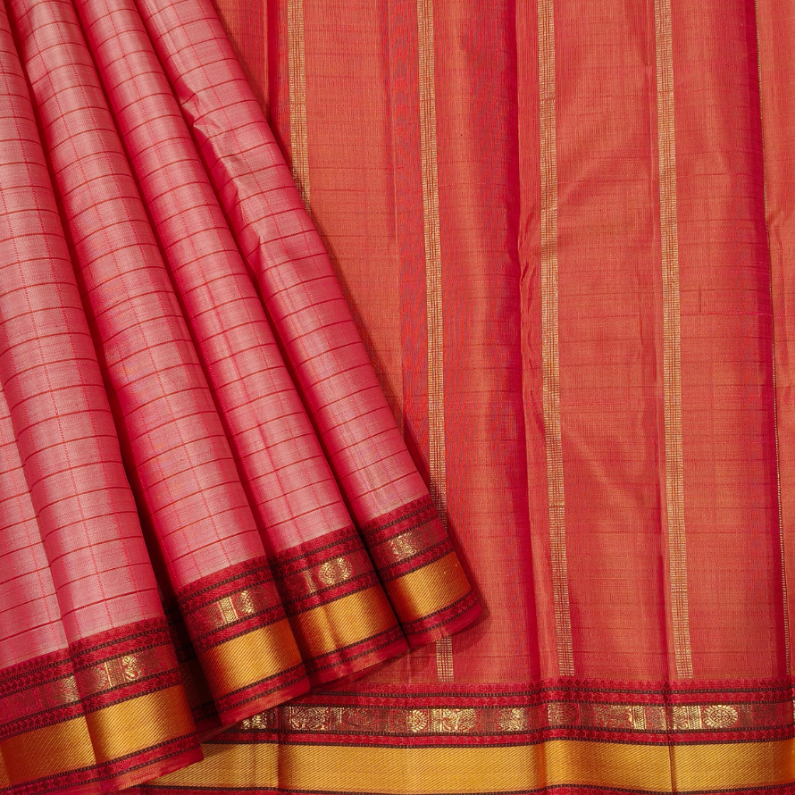 Pinkish Orange Ananya Silk Saree with Thread Checks - Image 2