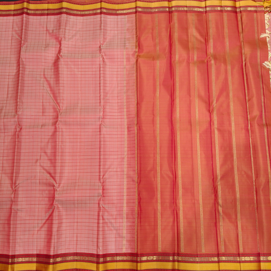 Pinkish Orange Ananya Silk Saree with Thread Checks - Image 4