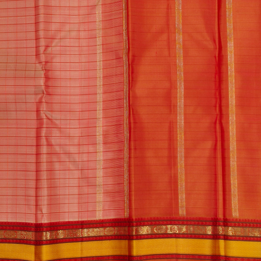 Pinkish Orange Ananya Silk Saree with Thread Checks - Image 3