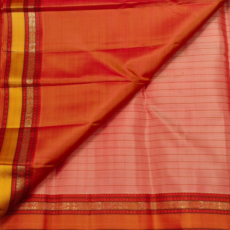 Pinkish Orange Ananya Silk Saree with Thread Checks - Image 5